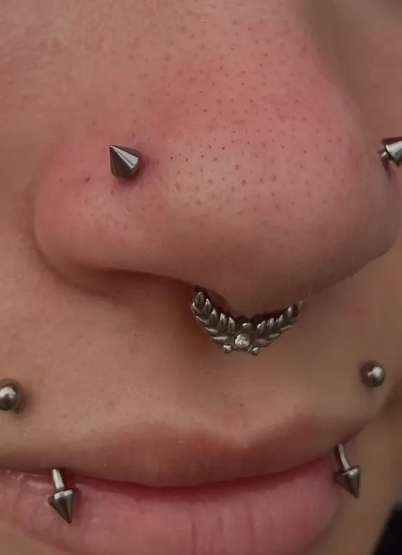 Nostril com spike dos dois lados, septo com joia de folhas, angel bites acima do lábio e snake bites com spikes abaixo